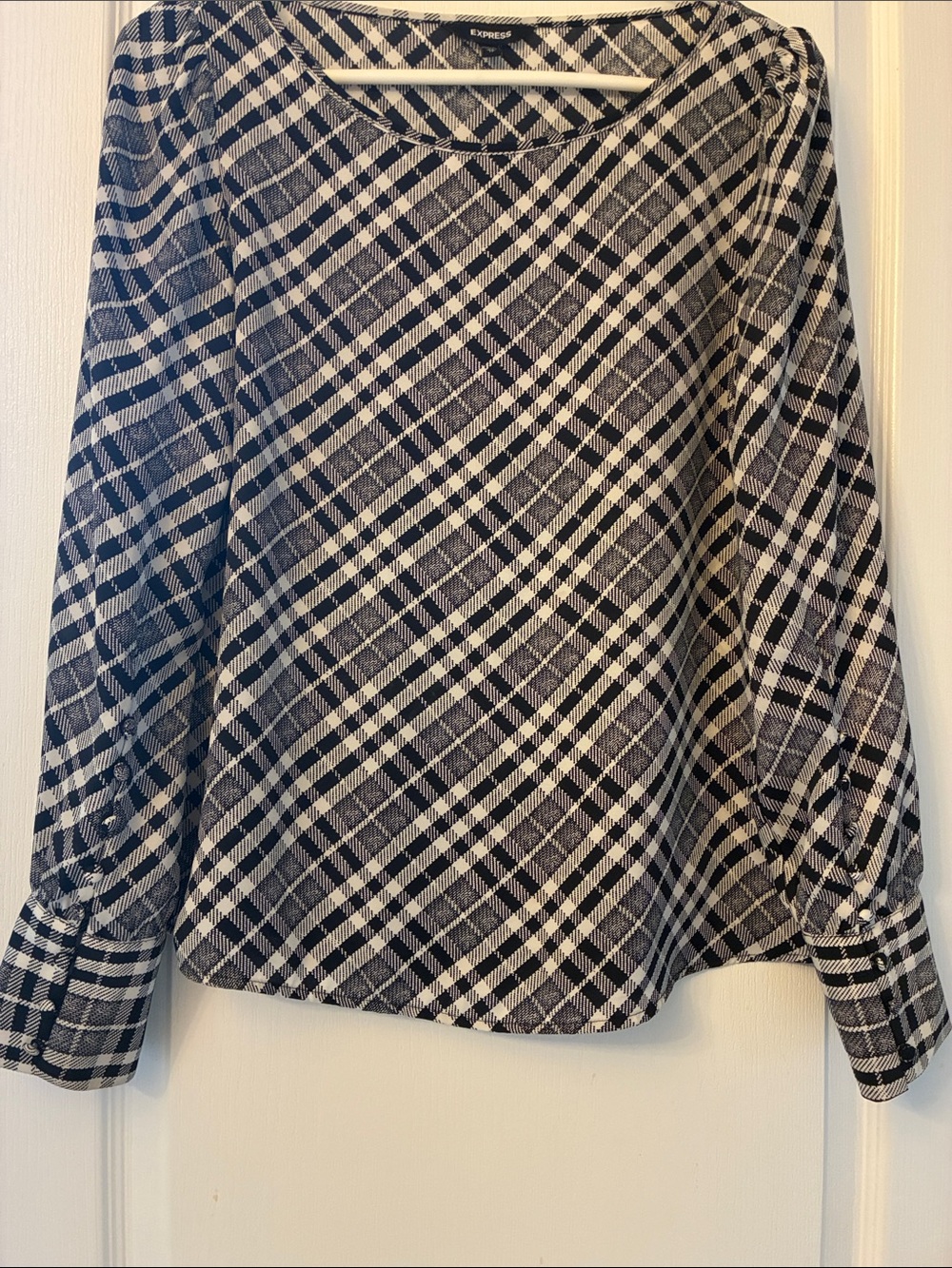 Express Black and White Plaid Long-Sleeve Blouse